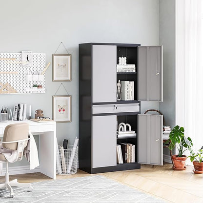 MIIIKO Storage Cabinet with 4 Doors, Metal Garage Cabinet with Drawer and