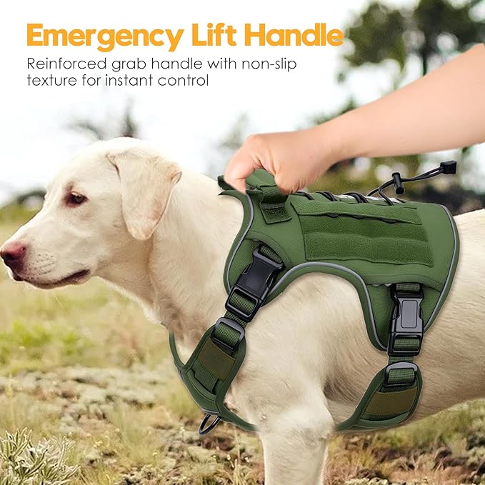Heavy-Duty Tactical Dog Harness for Large Dogs, No Pull Adjustable Reflective Pet Vest with Molle System, K9 Military-Grade Control for Service Training, Outdoor & 10+ Breeds, Green, X-Large