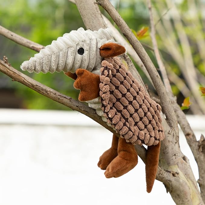 Hollypet Plush Dog Squeaky Toy Stuffed Armadillo Animal Pet Puppy Chew Toys with Clean Teeth for Small Medium Large All Breed Sizes Dogs, Brown, 8 in