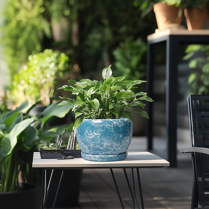 SQOWL Ceramic Pots for Plants - 8 Inch Ceramic Planter for Indoor Outdoor, Decorative Flower Pot with Drainage Hole and Saucer, Round Planter, Home Living Room Bathroom Decor, Plant Lover Gifts, Blue