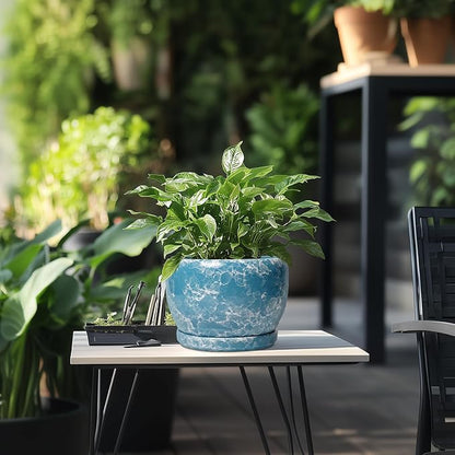 SQOWL Ceramic Pots for Plants - 8 Inch Ceramic Planter for Indoor Outdoor, Decorative Flower Pot with Drainage Hole and Saucer, Round Planter, Home Living Room Bathroom Decor, Plant Lover Gifts, Blue