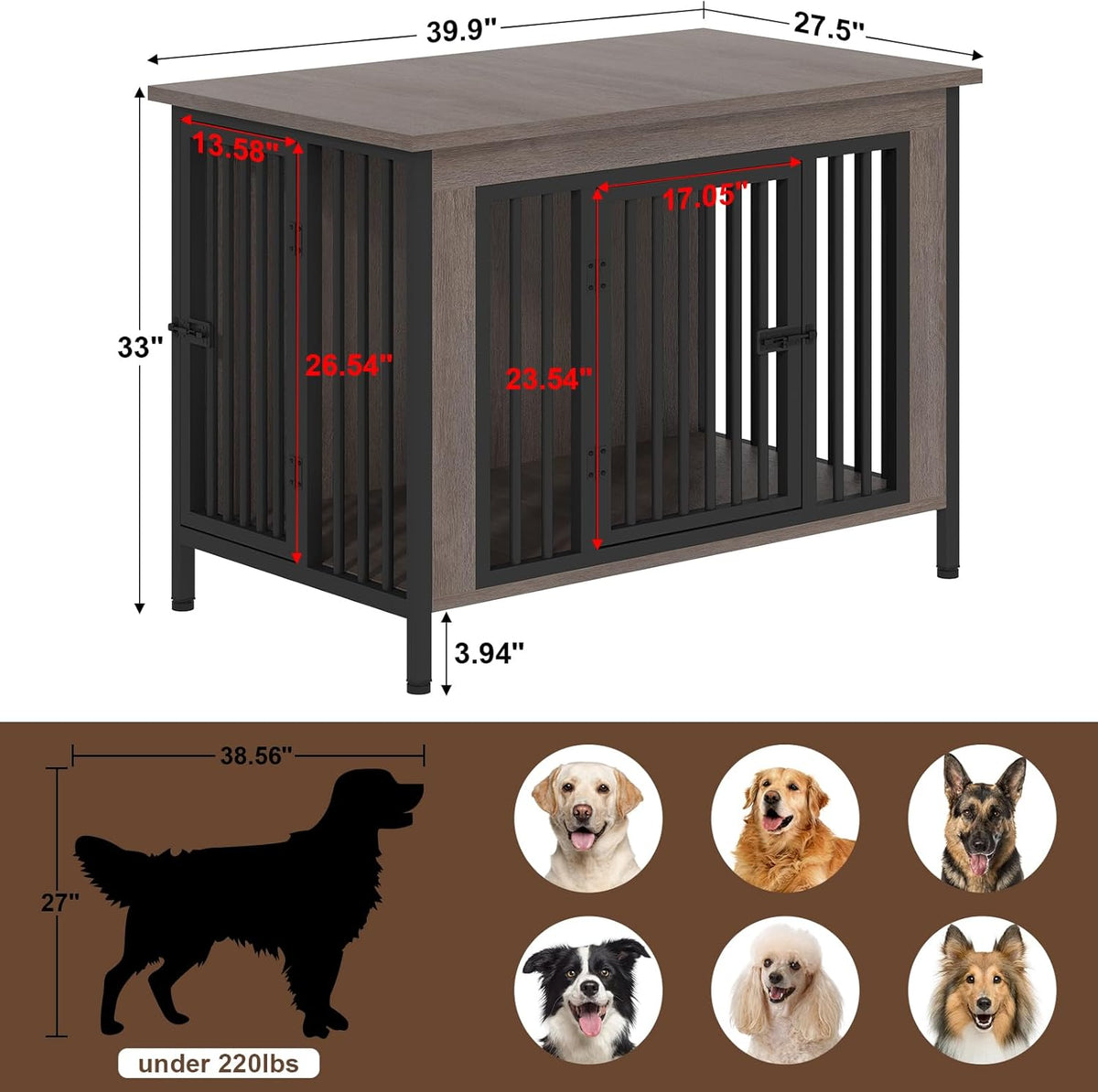 EasyCom 39.96" XL Wooden Large Dog Crate Furniture for Medium and Large Breed, Chew-Resistant Dog Kennel Furniture Indoor with 2 Doors and 3.94" Raised Feet, as TV Stand, End Table, Crate Table