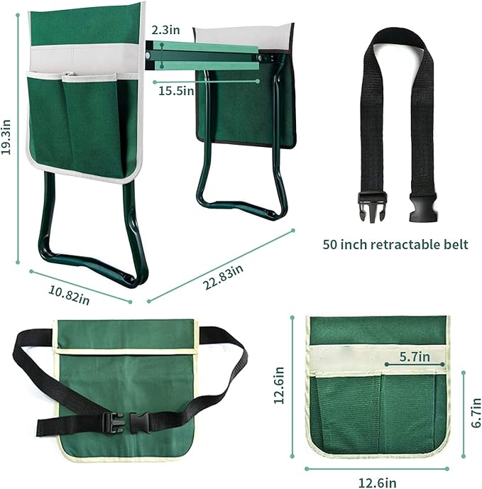 BDL Garden Kneeler and Seat, Upgraded Folding Bench Stool Portable Kneeler, Sturdy Gardening Tools with 2 Free Tool Pouch, Detachable Belt, A Pair of Garden Gloves, EVA Kneeling Pad