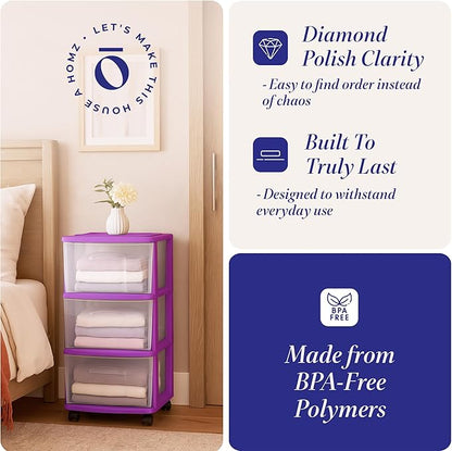HOMZ 2-Pack Drawer Tower, 3-Tier Clear Plastic Storage Organizer Cart, and