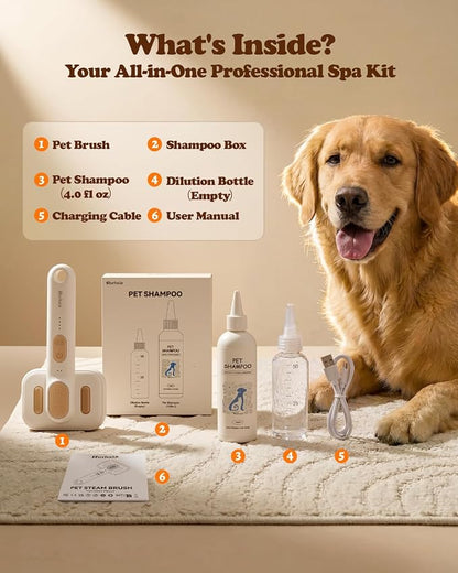 Rorhxia Steam Dog Cat Brush for Shedding, for Short/Long Haired Pet | 2026 Upgraded | Cool Steam Brush | 1*Shampoo | Skin Friendly | Self Cleaning | IPX7 Waterproof | Deodorizes | Soften the Coat