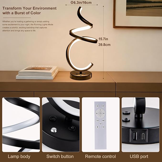 RGB Spiral LED Table Lamp, Dimmable Creative Bedside Lamp, Modern Color