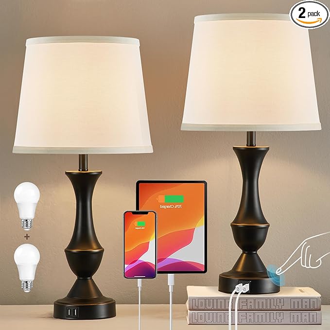 Luvkczc Touch Table Lamps Set of 2, 22" Tall Bedside Lamps with USB C+A Ports,Dimmable Nightstand Lamps, Table lamp for Bedrooms, Living Room, Office, Black Lamp with White Lampshade, Bulbs Included