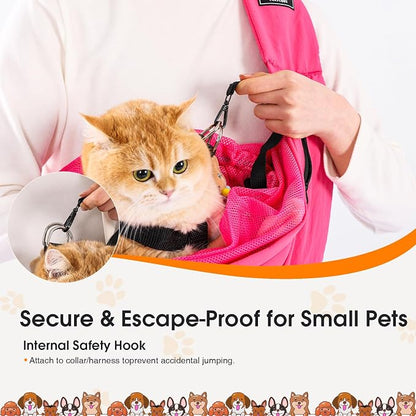 Dog Sling Carrier for Small Dogs & Cats 5-20 lbs, Adjustable Depth | Breathable Air Mesh Puppy Sling, Water-Resistant Travel Bag, Double Safety Leash, Machine Washable, Hands-Free Pouch, Fuchsia