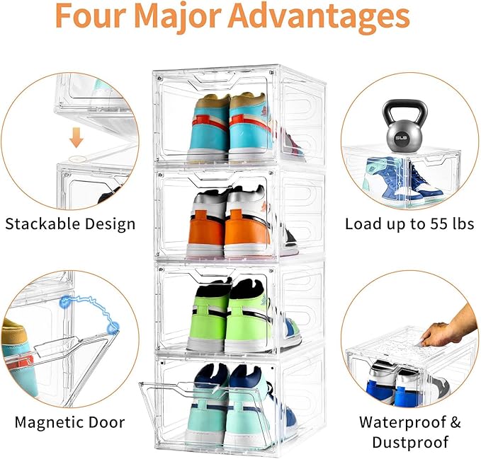 10 Pack Large Shoe Boxes Clear Plastic Stackable, Shoe Storage Organizer