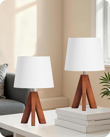 Small Tripod Table Lamps Set of 2, Modern Nightstand Lamp with Fabric Shade, Boho Bedside Wood Desk Light for Bedroom, Kids Room, Living Room, Office, Study, Dark Wood and White, LW51TLP205
