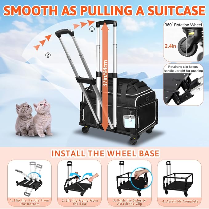 Top-Expandable Small Pet Carrier with Wheels Airline Approved | 17"x11"x9.5", for Alaska Airlines, Lockable Safety Zippers and Anti-Scratch Mesh, Pets Under 10 Lbs, Black