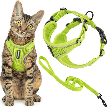 Best Pet Supplies Voyager Escape Proof Cat Harness and Leash Set with Reflective Stitching, Neoprene Handle 5ft - Supports Small, Medium and Large Cats, Kittens - Lime, M (Chest: 16.5-19.5")
