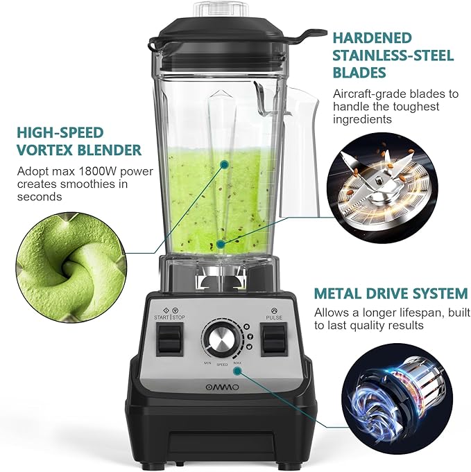 OMMO Blender 1800W, Professional High Speed Countertop Blender