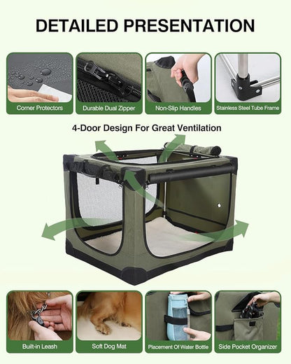 Veraste 33" L x 25" W x 25" H Collapsible Travel Dog Crate, Portable Soft Dog Kennel for Medium Large Dogs up to 60 lbs, 4-Door Foldable Travel Crate with Durable Mesh & Storage BagGreen | 4-Door Foldable Travel Crate,breathable mesh, foldable with sto...