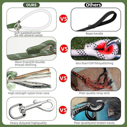 Nylon Dog Leash 6FT 10FT 20FT 30FT Diameter 2/5 Inch with Comfortable Silicone Handle Highly Reflective No Tangle for Medium Large Dogs Outside Walking Camping Backyard. (Green, 20FT)