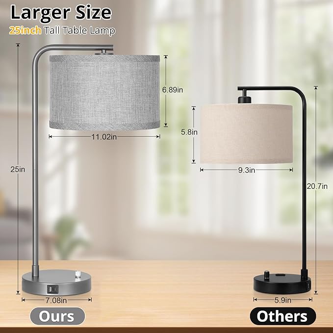 Gray Bedside Lamp with USB C+A Charging Ports, Fully Dimmable Modern Nightstand Lamp with Grey Fabric Shade, Tall Reading Lamp Desk Lamp for Bedroom Living Room Office with 3000K LED Bulb
