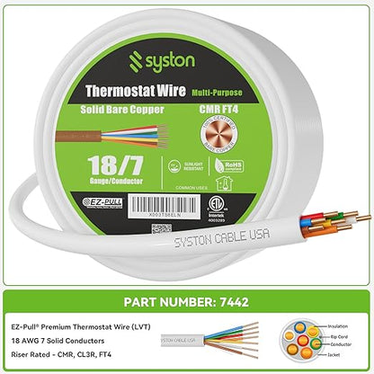 Syston 18/7 Thermostat Doorbell HVAC Heating Control Cable Wire, 100% Solid