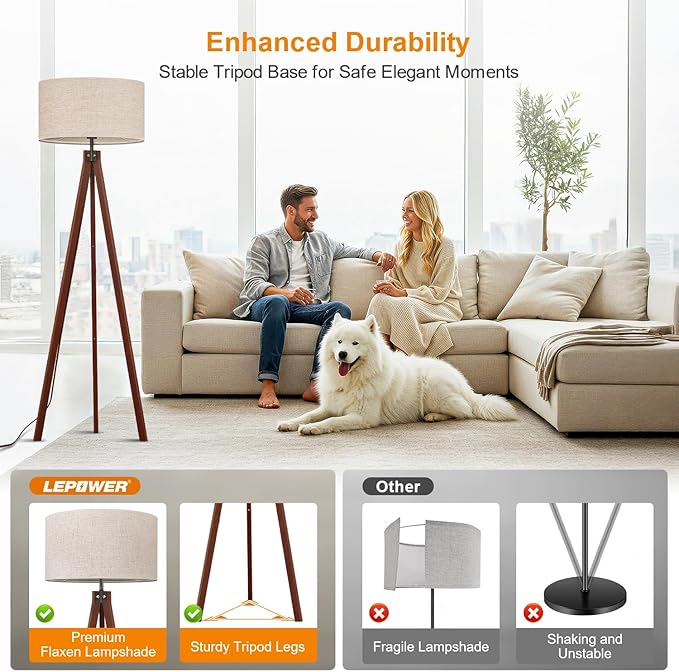 LEPOWER Wood Tripod Floor Lamp, Mid Century Standing Lamp, Modern Design Studying Light for Living Room, Bedroom, Study Room and Office, Flaxen Linen Shade with E26 Base Brown