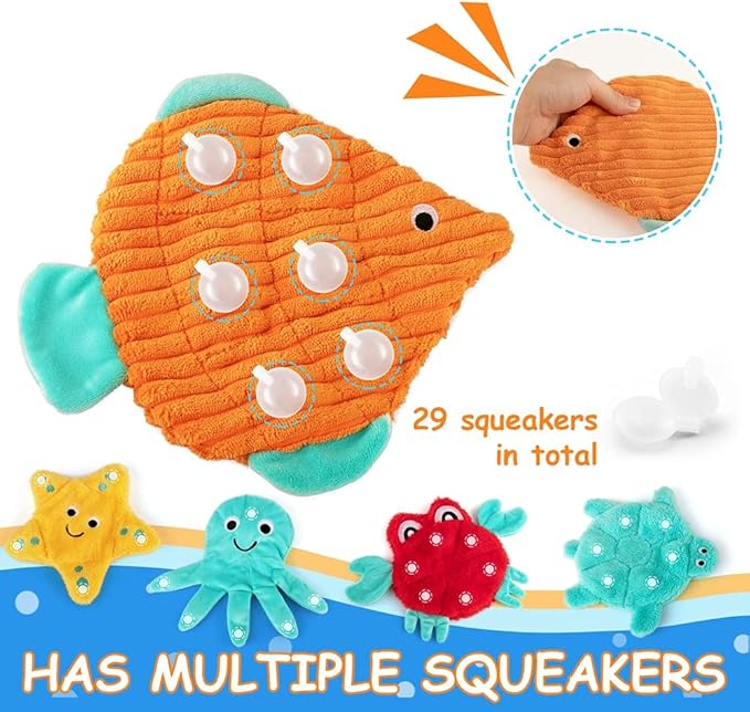 AWOOF No Stuffing Crinkle Squeaky Plush Dog Toys - Cute Animal Themed for Small to Large Dogs & Puppies - Bulk 5 Pack
