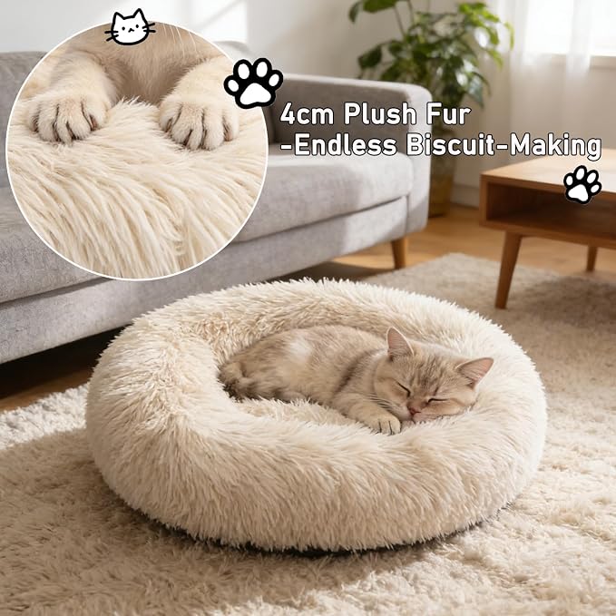 Calming Donut Dog Beds Large Sized Dog - Washable Removable Cover Non-Slip, Round Pet Bed Warming Fluffy Plush Faux Fur Anti-Anxiety Thick Cushion, Fits up to 80 lbs (Beige, 36")