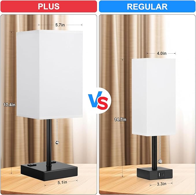 Plus Bedside Table Lamps Set of 2 - White Bedroom Lamps with 3 Colors, Square Nightstand Lamp with USB C + A Charging Ports and 2 AC Outlets, Pull Chain Night Light for End Table