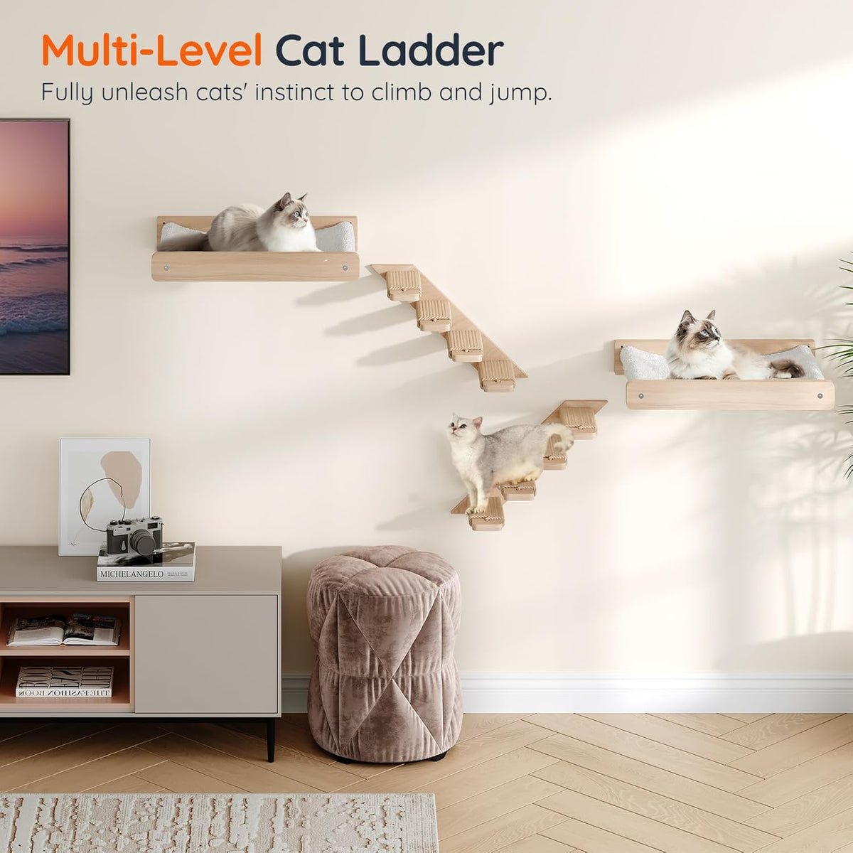HOOBRO Cat Wall Shelf Set of 2, Wall Mounted 4-Level Cat Steps with Jute Scratching Steps, Hammock Wall Mounted, Holds up to 40 lb, Cat Wall Furniture, for Playing, Natural NL41CS03