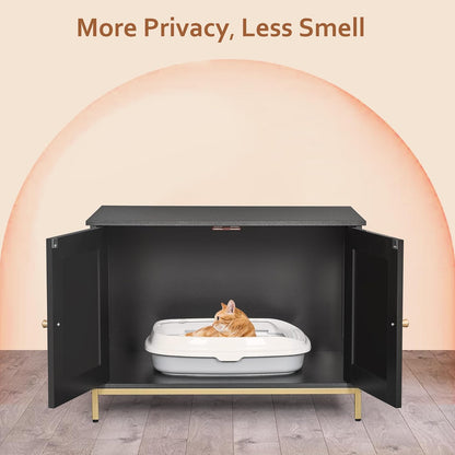 Homhedy Cat Litter Box Enclosure, Cat Washroom Furniture with Metal Frame, Pet House, Fit Most of Litter Box, Modern Style, Black and Gold