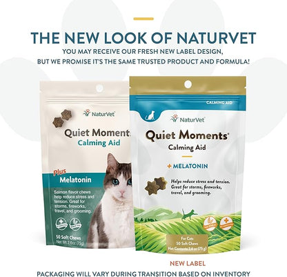 NaturVet Quiet Moments Calming Aid Cat Supplement Plus Melatonin – Helps Reduce Stress in Cats – for Pet Storm Anxiety, Motion Sickness, Grooming, Separation, Travel – 50 Ct. Soft Chews