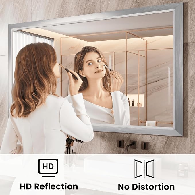 Amorho Bathroom Mirror, 55x32 Inch Silver Thick Metal Framed Wall Mirrors