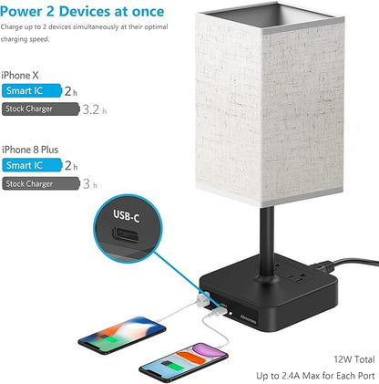 Touch Control Bedside Table Lamp with USB C & USB A Charging Port and 2 AC Outlet, Minimalist LED Desk Light with Charger Base Brown Fabric Shade for Bedroom/Nightstand/Office