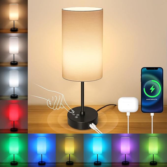 Unicozin 17Inch Table Lamp, 3 CCT 3000K/4500K/6500K & RGB Color Changing, Stepless Dimmable Bedside Lamp for Reading, Ambience Nightstand Light for Home Decor Party, White Shade