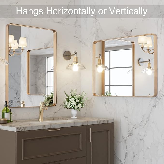 LOAAO 22”X30” Gold Bathroom Mirror, Rounded Rectangle Gold Frame Mirror