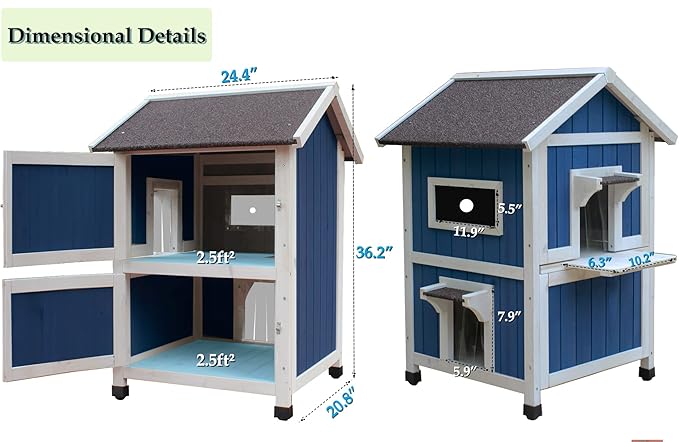Rockever Outdoor Cat House, Large Outdoor Houses for Feral Cats Wooden Outside Cat Shelter Weatherproof with Escape Door