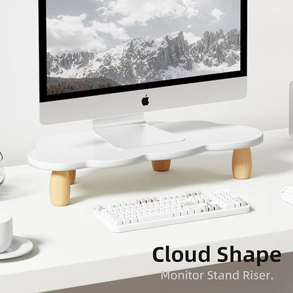 AFOOYO Monitor Stand Riser,Cloud-Shaped Sturdy Wood Computer Monitor Riser, Laptop Monitor Stand, Multi-Purpose Desktop Organizer Riser for Computer, Laptop, Printer, TV,White