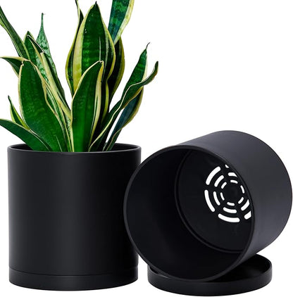D'vine Dev 2 Pack 6.5 Inch Modern Plastic Plant Pots, Small Garden Planters for Plant with Drainage Holes and Saucers, Black Color, 74-Y-L-1