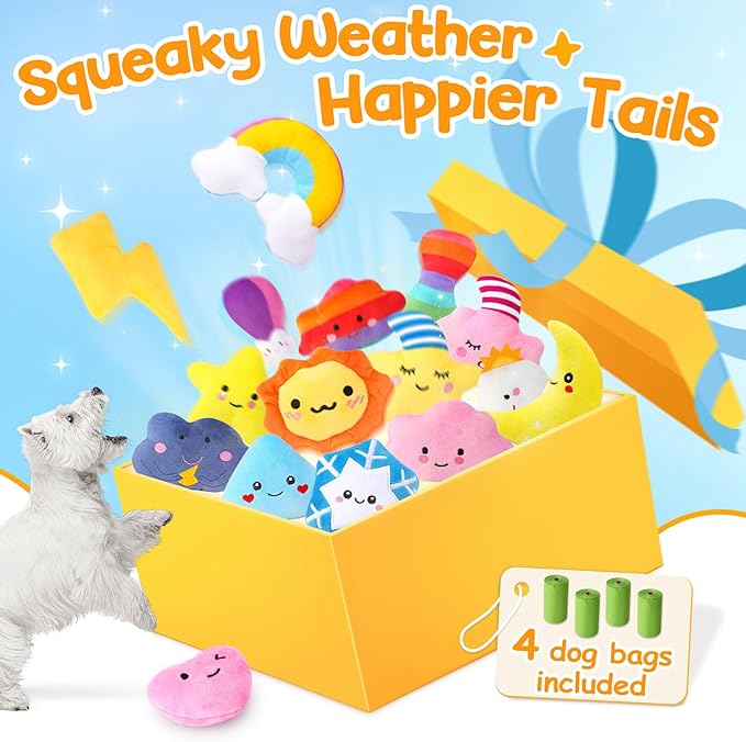 Irresistible Weather-Themed 20-Pack Squeaky Dog Toys Set for Small Dogs & Puppies, Included 16 Plush Toys with Vibrant Characters to Keep Them Busy & 4 Dog Bags