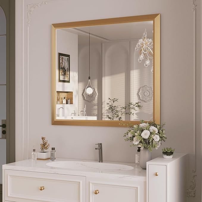 Amorho Bathroom Mirror, 40x36 Inch Golden Thick Metal Framed Wall Mirrors
