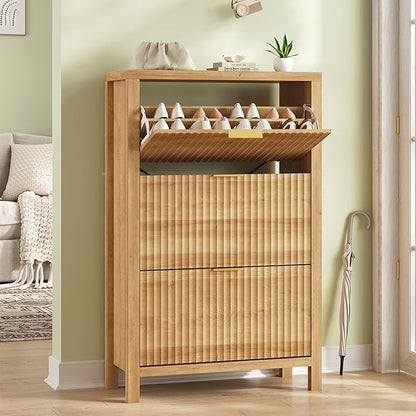 Shoe Cabinet Storage for Entryway, Fluted Shoe Cabinet