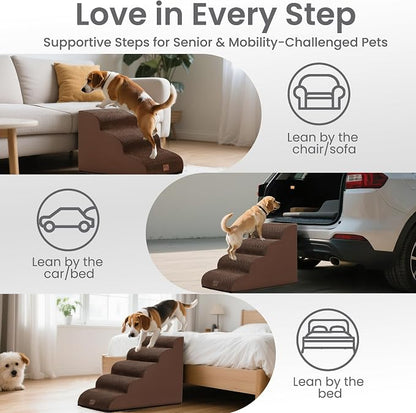 GoGoBunny Waterproof High Density Foam Curved Dog Stairs for High Beds Couches 19.7" H, 4-Step Ramp Dog Steps Friendly to Small Medium Dogs or Pets Joints, Non-Slip Balanced Durable Pet Step, Brown