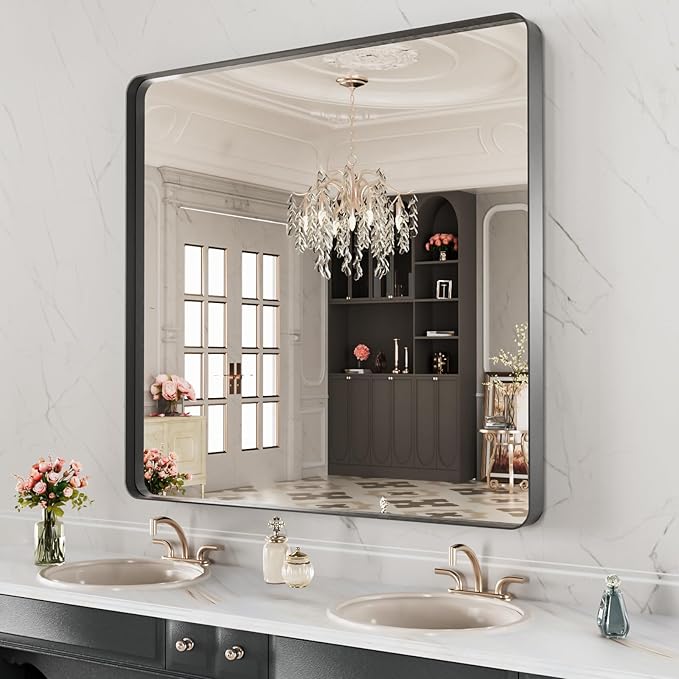 LOAAO 40X38 Inch Black Metal Framed Bathroom Mirror
