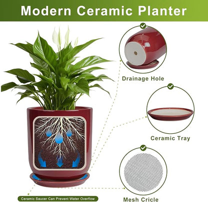 Ceramic Planter for Plants - 10 Inch Plant Pot Indoor with Drainage Hole and Saucer Modern Large Outdoor Planter Flower Pot for Home Decor Red