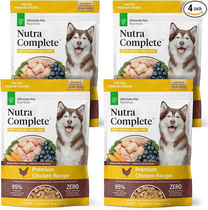 ULTIMATE PET NUTRITION Nutra Complete, 100% Freeze Dried Veterinarian Formulated Raw Dog Food with Antioxidants Prebiotics and Amino Acids, (1 Pound (Pack of 4), Chicken)