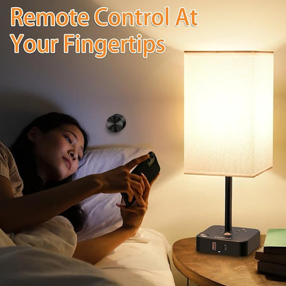 COZOO Bedroom Table Lamp with Remote Operation Control,Dimmable Bedside Table Desk Lamp with USB C+A Charging Ports 2 AC Outlets,Nightstand Lamp White Shade Lamp for Living Room,Dorm,Home Office,Decor