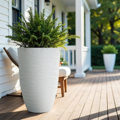 Worth Garden 2-Pack 21" H. White Tall Planters - 14'' Dia Resin Large Round Flower Pots for Outdoor Plants Trees - Imitation Stone Finish Plastic Indoor Front Porch 9 Gallon Decorative Container Patio