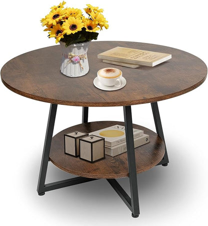 Masigle Round Coffee Table, 2-Tier Circle Coffee Table with Storage, Modern Wood Round Center Table, for Living Room, Small Space, Home Office, Easy Assembly, Rustic Brown