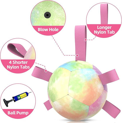 QDAN Dog Toys Soccer Ball with Straps, Durable Dog Balls for Tug of War, Puppy Birthday Gifts, Dogs Water Toy Small Dogs-Rainbow（5 Inch）