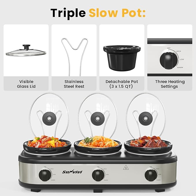 Sunvivi Triple Slow Cooker, Buffet Server and Food Warmer, Small Mini Pot