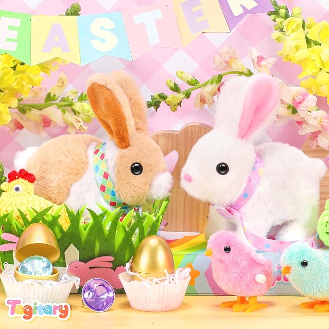 Tagitary Plush Toys Interactive Bunny for Kids That Wiggling Ears,Hopping,Twitching Nose with Sounds,Realistic Rabbit Toy with Leash,Golden Egg,Wind Up Toys,Easter Birthday Gift for Toddlers