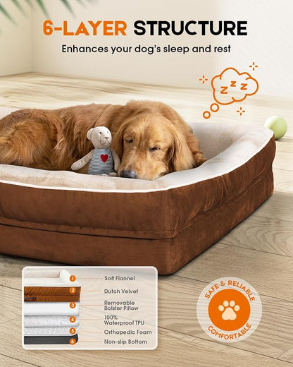 Upvilla Orthopedic Dog Bed XL, Four-Sided Dog Sofa, Washable Cover, Brown | Removable Waterproof Dog Bed Cover, Egg-Crate Orthopedic Foam, Built-In Carry Handle, Indoor Large Pet Beds, Cat Beds
