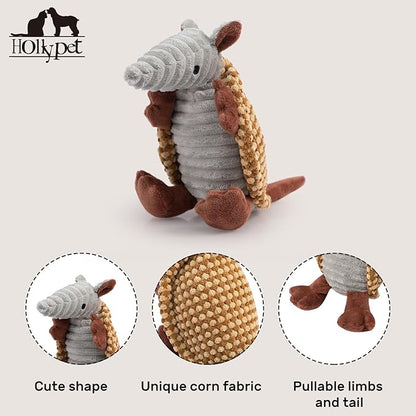 Hollypet Plush Dog Squeaky Toy Stuffed Armadillo Animal Pet Puppy Chew Toys with Clean Teeth for Small Medium Large All Breed Sizes Dogs, Yellow and Khaki,8 in